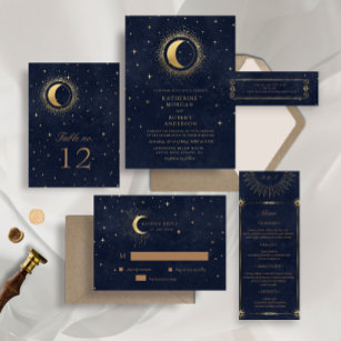Celestial Midnight Blue Stars Moon Wedding Foil Invitation