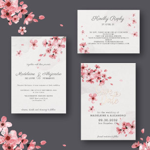 Pink Cherry Blossoms floral romantic wedding Invitation