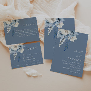 Modern Dusty Blue & White Floral Wedding Invitation
