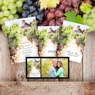 Vineyard and Red Barn Watercolor Wedding Invitation