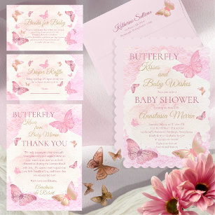 Pink Butterfly Kisses Girl Baby Shower  Thank You Card