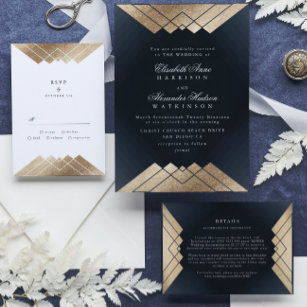 Geometric Dark Navy Gold Gatsby Wedding Invitation