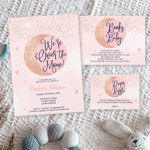 Pink rose gold glitter over the moon baby shower invitation