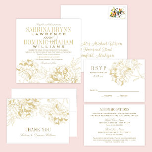 Elegant Gold Floral Peony Wedding Monogram Thank You Card