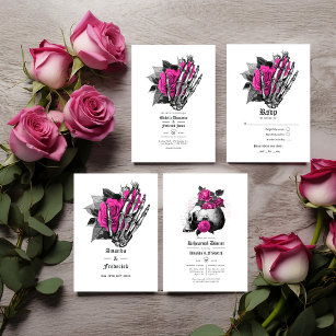 Hot-Pink Floral Gothic Wedding RSVP Card