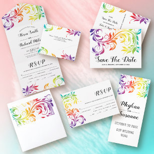 Rainbow colors scroll leaf gay, lesbian wedding all in one invitation