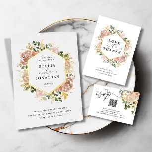 Elegant Neutral Watercolor Floral Wedding   Gold Foil Invitation
