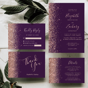 Dark Purple Rose Gold Faux Glitter Edge Wedding Invitation