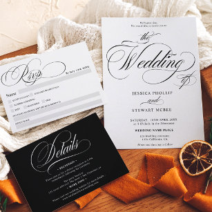 Chic black white all in one calligraphy wedding  invitation