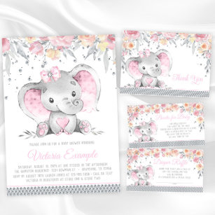 Girl Pink Gray Elephant Diamond Baby Shower Invitation