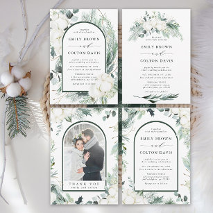 Evergreen & Cotton Flowers Elegant Wedding Invitation