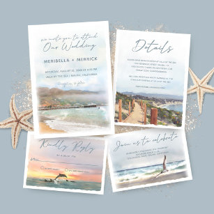 Malibu    Dolphins Beach Watercolor Wedding Invitation