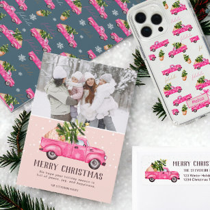 Vintage pink red truck Christmas tree pink photo Holiday Card