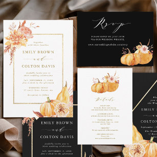 Fall Floral Pumpkin Rustic Wedding Black Invitation