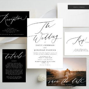 Simple Modern Calligraphy White and Black Wedding RSVP Card