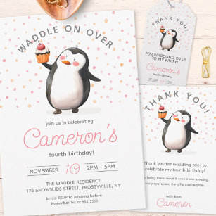 Pink Cupcake Penguin Celebration, kid's Birthday Invitation