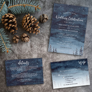 Navy Blue Snowy Winter Wonderland Formal Wedding Invitation
