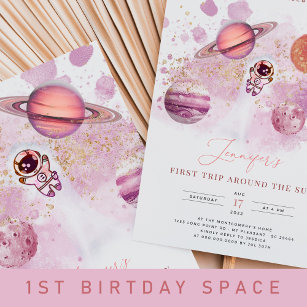 Outer Space Pink Planets Girl First Birthday Invitation