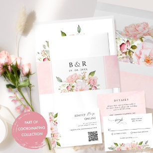 Elegant Pink and Blush Floral, Watercolor Wedding Invitation Belly Band