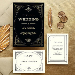 Modern Deco   Elegant Wedding Black and Gold Foil Invitation
