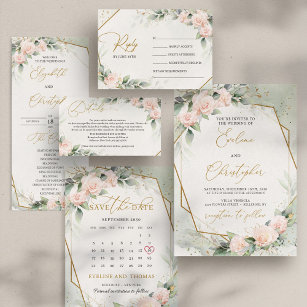 Blush pink roses eucalyptus gold Wedding Shower Invitation
