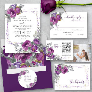 Purple Floral Elegant Bride and Groom Name Classic Round Sticker