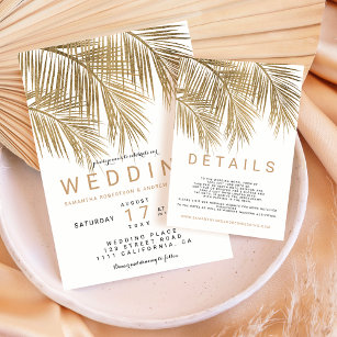 Modern gold palm tree elegant beach photo wedding invitation
