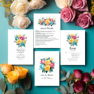 Turquoise, Yellow and Pink Floral Wedding Invitation