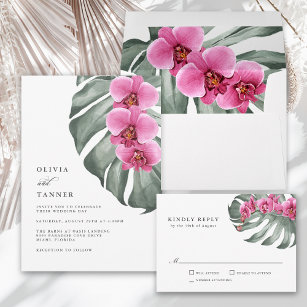 Hot Pink Orchids on Monstera Tropical  Wedding Invitation