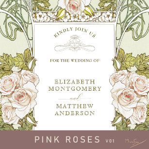 Pink Roses Romantic Art Nouveau Wedding Invitation