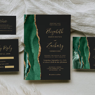 Emerald Green Gold Agate Dark Wedding Details Enclosure Card