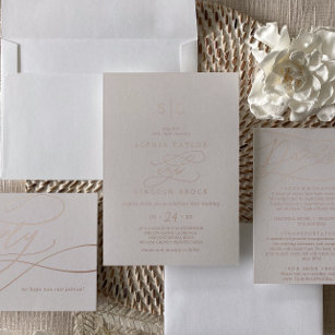 Romantic Rose Gold Foil   Blush Monogram Wedding Foil Invitation