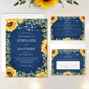 Navy Blue Sunflower Lights Rustic Wedding All In One Invitation