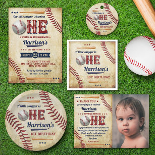 Boys Baseball 1st Birthday Photo Thank You Card