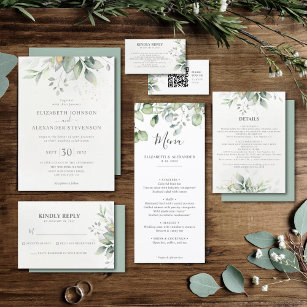 Chic airy greenery eucalyptus leaf gold wedding invitation