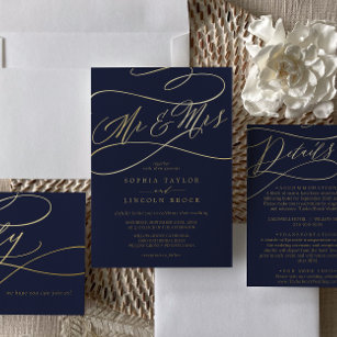 Romantic Gold Foil   Navy Blue Mr & Mrs Wedding Foil Invitation