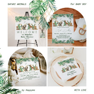 Safari Animal Jungle Green & Gold boy Baby Shower Invitation