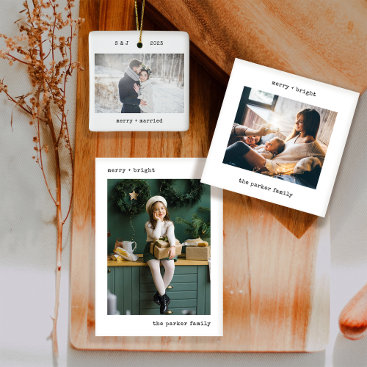 A vertical collage of three personalized photo cards with matching fonts and earthy tones, displayed on a light wooden backdrop. The layout emphasizes cohesive design and visual storytelling. The style is minimal and clean, highlighting product variety.