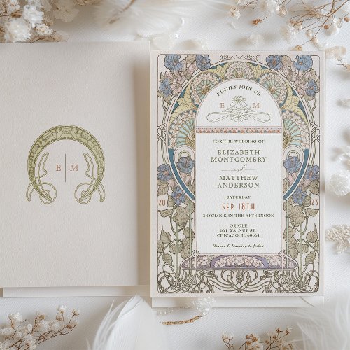 Floral, romantic, and whimsical Victorian flourishes complement classic art deco fonts art nouveau wedding invitation