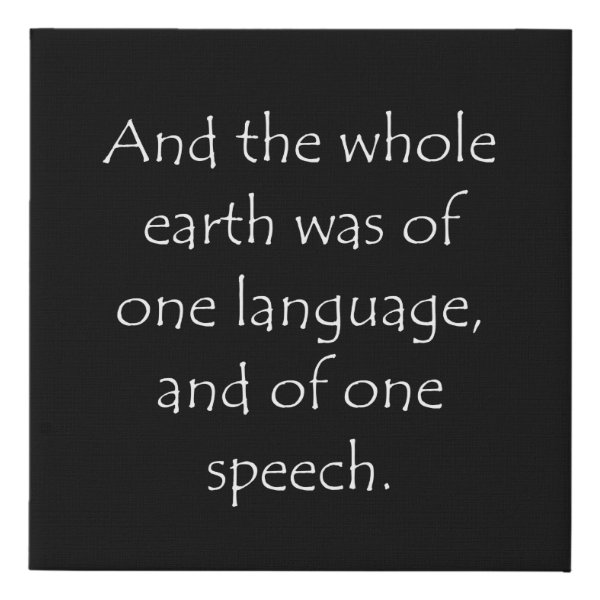 Diseño tipográfico del versículo Génesis 11:1 en una lámina tipo lienzo