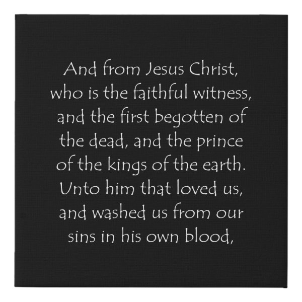 Revelation 1:5 Bible verse typographic design on a faux canvas print