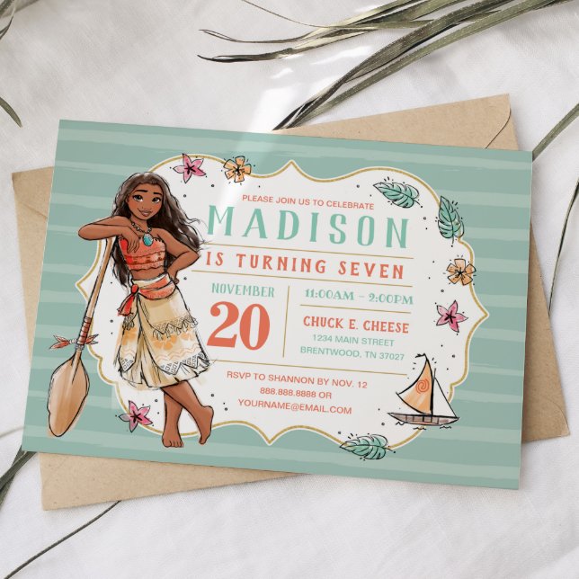 Moana | Striped Watercolor Birthday Invitation (Creator Uploaded)