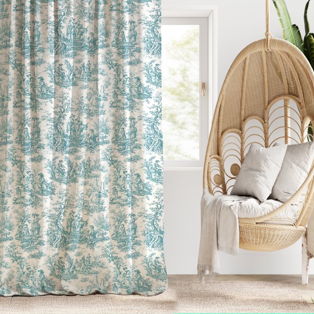 Elegant vintage teal turquoise toile d jouy print sheer curtains
