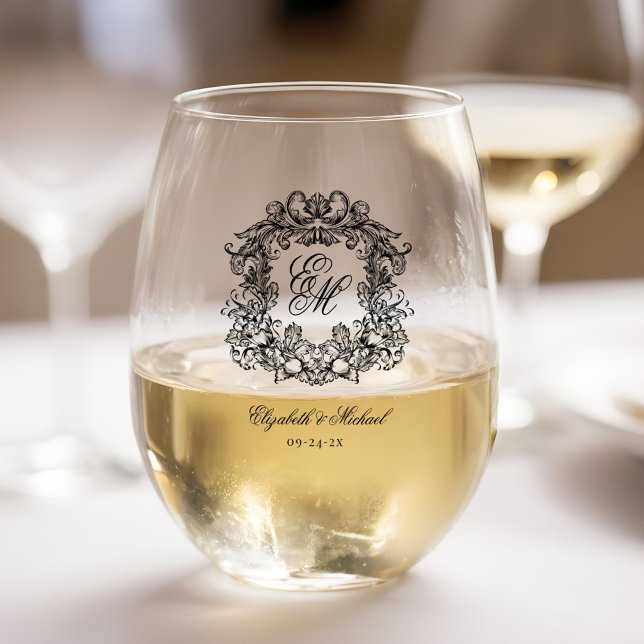 Elegant Monogram Crest Wedding Stemless Wine Glass
