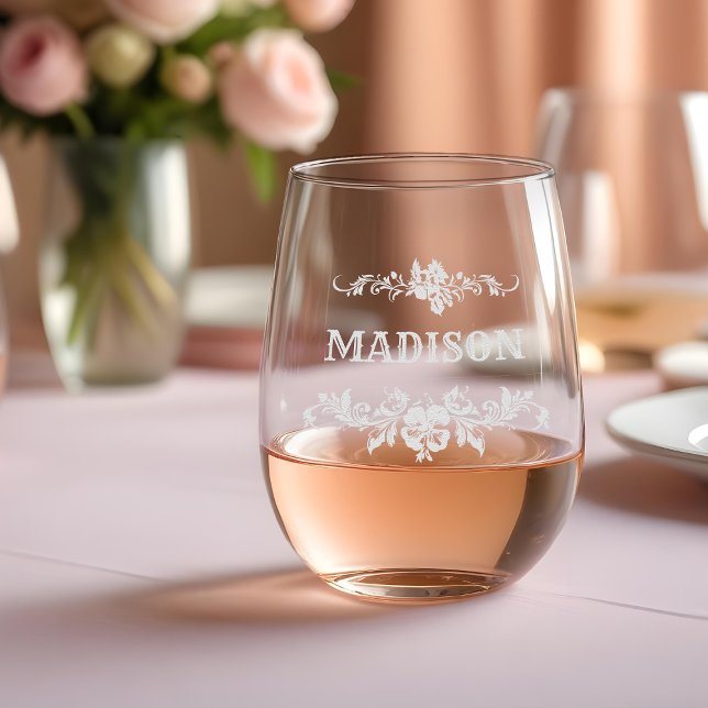 Elegant Personalized Etched Floral Stemless Wine Glass
