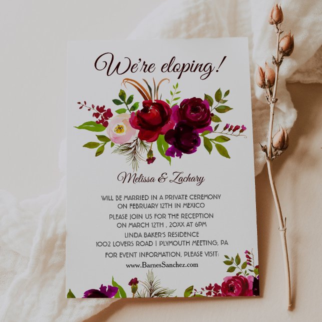 Simple Burgundy Floral Elopement Reception Invitation
