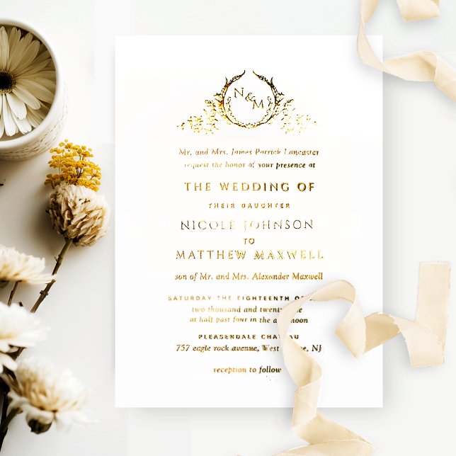 Real Gold Foil Elegant Formal Monogram Wedding Foil Invitation
