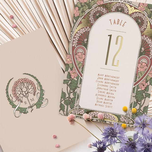 Art Nouveau Wedding Gold Accents Table Number
