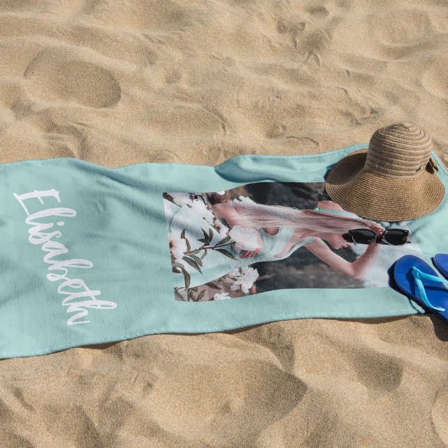 Photo and name script personalized beach towel
