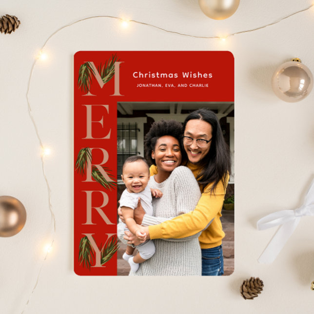 Chic Orange Merry Pine Photo Christmas  Holiday Card (Creator Uploaded)
